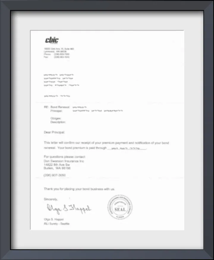 Surety bond certificate for Renton Commercial Cleaners displayed as a framed document.
