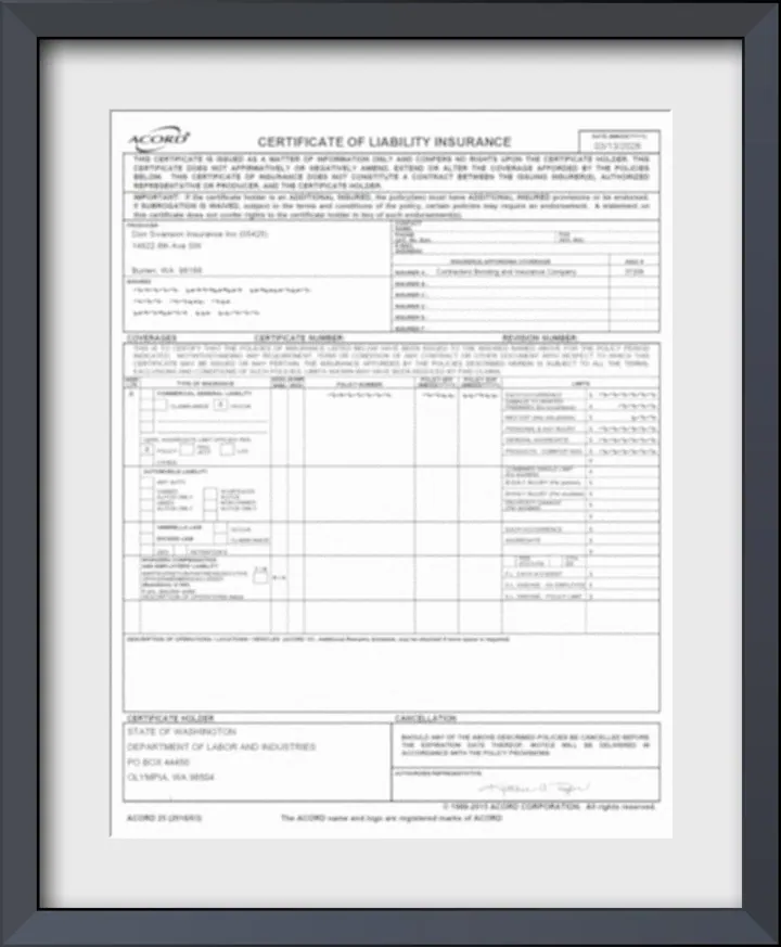 Certificate of liability insurance for Renton Commercial Cleaners displayed as a framed document.