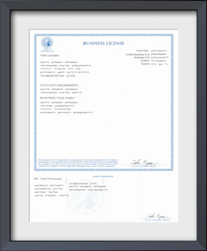 Washington State business license for Renton Commercial Cleaners displayed as a framed document.